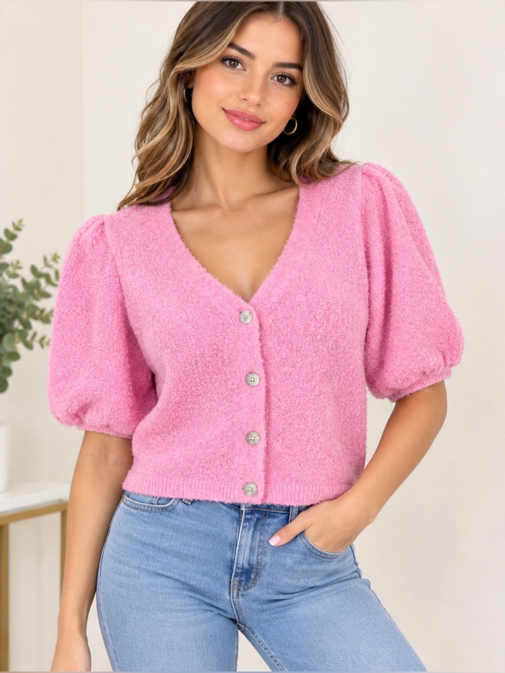 wild fable Pink Fuzzy V-Neck Button-Front short-sleeve Sweater M